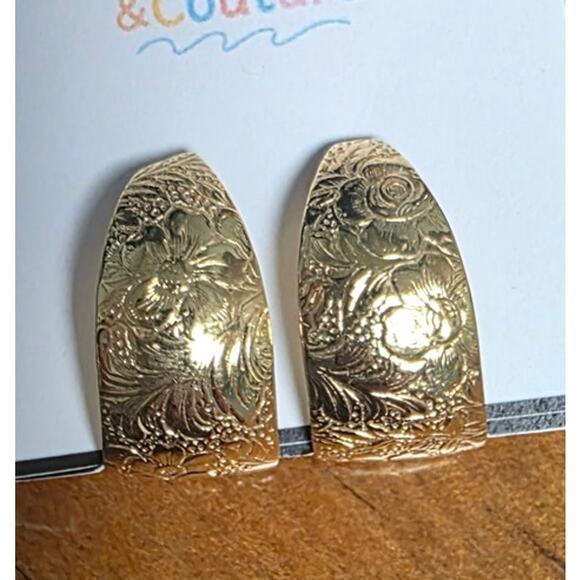 1990 VTG Avon Earrings GoldTone Textured Floral Half Hoop Dangle Drop Pierced - Picture 1 of 2